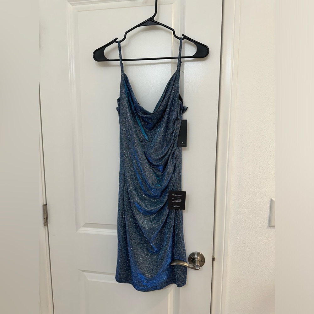 Hype you up blue sparkly cowl neck ruched bodycon midi dress